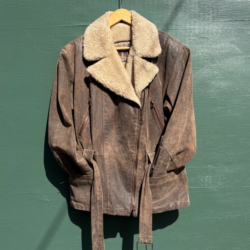 Vintage Brown Leather Shearling Lined Belted Jacket 90s Y2K Biker Coat Medium